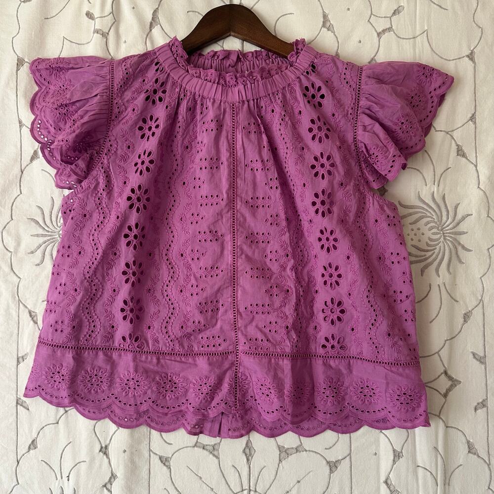 🌸 Umgee Purple Eyelet Ruffle Sleeve Boho Top L